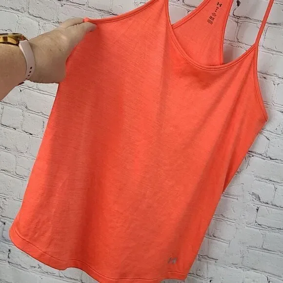 Under Armour Women’s HeatGear Neon Coral Racerback Running Tank Top Medium Loose - Picture 3 of 8